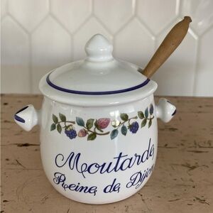 Vintage White and Blue Mustard Pot with Spoon